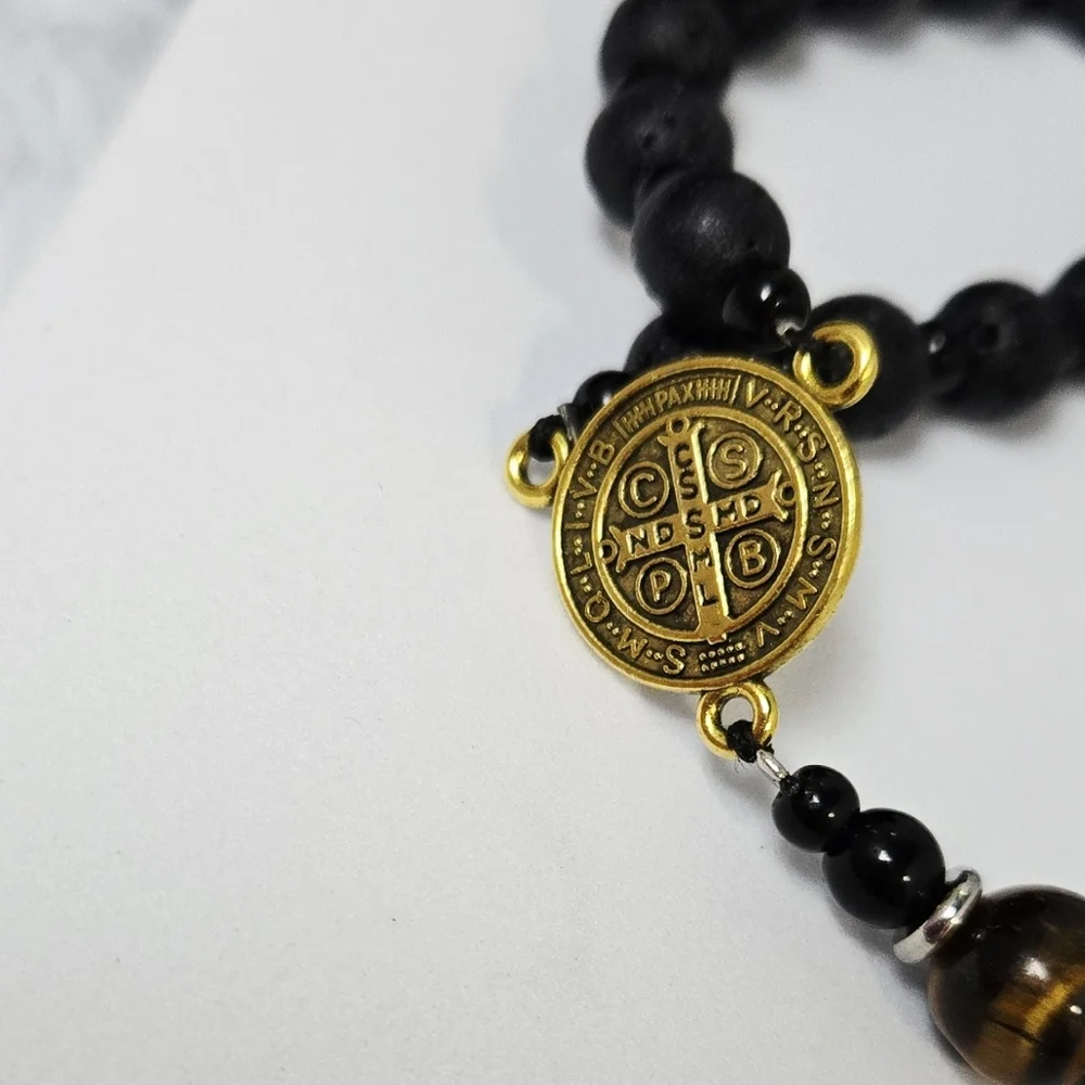 Tiger Eye Lava Stone Rosary Necklace St Benedict Medal Hematite Cross Masculine